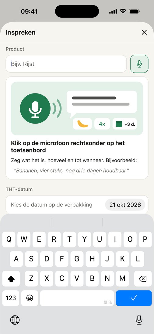 Het scherm Inspreken met de uitleg: klik op de microfoon en zeg wat het is, hoeveel en tot wanneer.