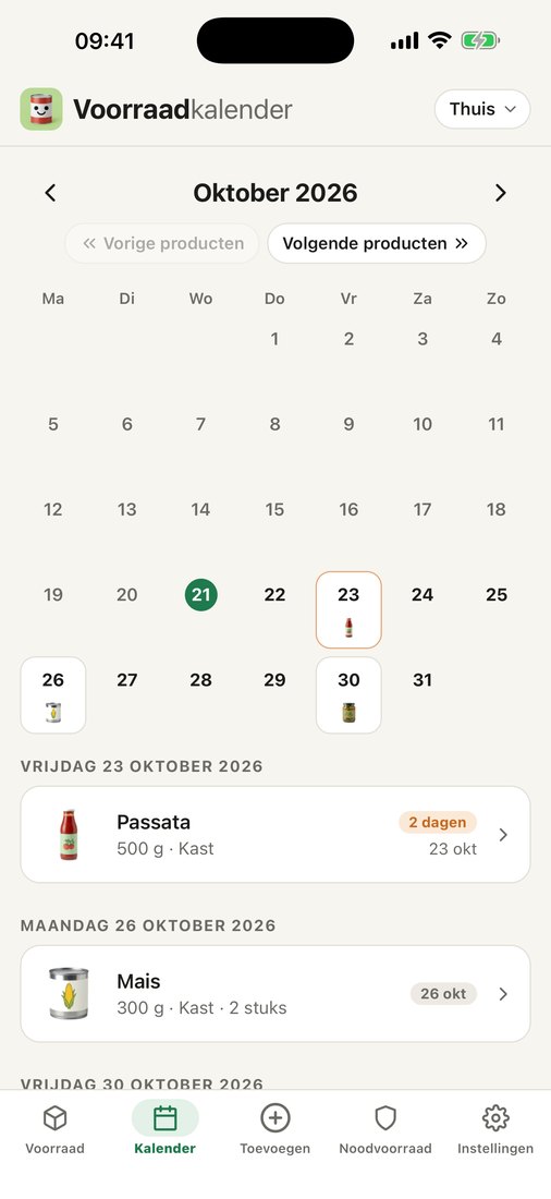 Het scherm Kalender met een maand, per dag de producten die over de datum gaan, en daaronder de lijst per dag.
