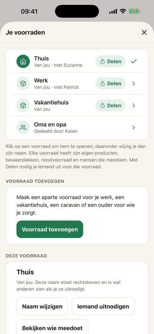 Het blad Je voorraden met Thuis, Werk, Vakantiehuis en een gedeelde voorraad.