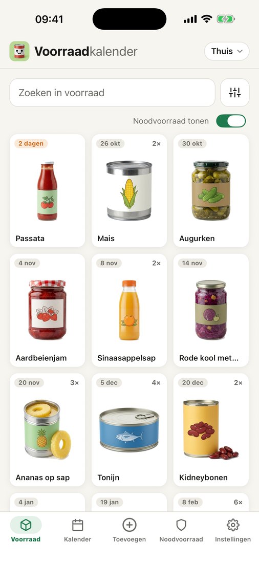 Het scherm Voorraad met tegels van producten en per product de datum.