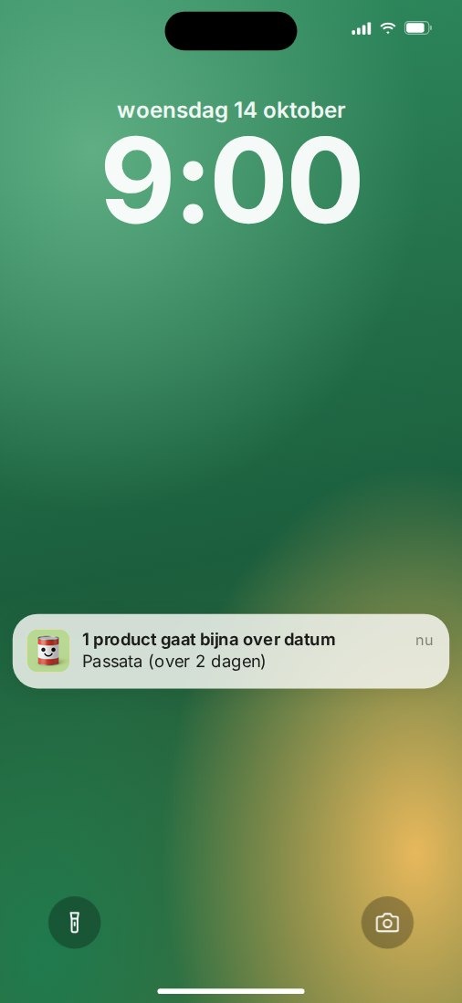 Het vergrendelscherm van een iPhone om 9:00 met de melding: 1 product gaat bijna over datum, Passata (over 2 dagen).